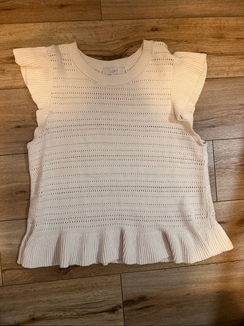 LOFT Cream Eyelet Knit Ruffle Hem Tank Top